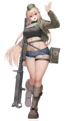 Rule 34 | 1girl, alternate costume, arm up, black shirt, blonde hair, blue shorts, boots, breasts, browning m2, combat boots, corrupted twitter file, crop top, cropped jacket, denim, denim shorts, exposed pocket, full body, girls&#039; frontline, green hat, green jacket, gun, hat, heavy machine gun, highres, holding, holding gun, holding weapon, jacket, knee boots, large breasts, long hair, long sleeves, looking at viewer, m2hb (girls&#039; frontline), machine gun, micro shorts, midriff, military hat, mole, mole on stomach, navel, nine (kanine41), open clothes, open jacket, open mouth, red eyes, shirt, shorts, simple background, skindentation, smile, solo, standing, stomach, thigh strap, thighs, very long hair, weapon, white background