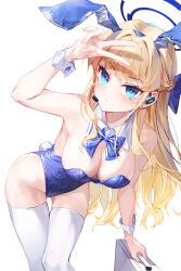 Rule 34 | 1girl, absurdres, animal ears, bare shoulders, blonde hair, blue archive, blue bow, blue bowtie, blue eyes, blue leotard, blush, bow, bowtie, braid, breasts, briefcase, closed mouth, commentary, covered navel, detached collar, earpiece, earrings, fake animal ears, hair intakes, halo, highres, holding, holding briefcase, jewelry, large breasts, leotard, long hair, looking at viewer, mame (hyeon5117), official alternate costume, playboy bunny, rabbit ears, shadow, solo, strapless, strapless leotard, stud earrings, symbol-only commentary, thighhighs, toki (blue archive), toki (bunny) (blue archive), v, very long hair, white thighhighs, wrist cuffs