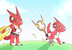 Rule 34 | belt, crossed arms, digimon, digimon (creature), headphones, highres, looking at another, microphone, scarf, shoutmon, shoutmon king ver.