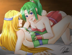 Rule 34 | 1990s (style), 2girls, bed, blonde hair, blue eyes, blush, grabbing another&#039;s breast, breasts, celes chere, cleavage, deep skin, covered erect nipples, final fantasy, final fantasy vi, grabbing, green hair, headband, long hair, lying, multiple girls, open mouth, signature, smile, tina branford, yukihiro, yuri