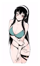 Rule 34 | 1girl, alternate hairstyle, artist name, bare shoulders, bikini, black bikini, black hair, breasts, closed mouth, collarbone, commentary, english commentary, green bikini, hair down, hairband, hand on own arm, highres, large breasts, leaning forward, light smile, long hair, looking to the side, red eyes, relaxjon, sidelocks, simple background, solo, spy x family, swimsuit, thigh strap, thighs, white background, white hairband, yor briar