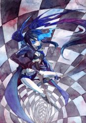 Rule 34 | 10s, 1girl, bikini, bikini top only, black rock shooter, black rock shooter (character), blue hair, boots, coat, dual wielding, from above, gloves, glowing, glowing eye, holding, long hair, millipen (medium), painting (medium), pale skin, racoon-kun, signature, solo, swimsuit, sword, traditional media, twintails, watercolor (medium), weapon