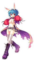 Rule 34 | 10s, 1girl, animal ears, belt, blue hair, boots, boxing gloves, breasts, bunny (trickster), chain, collar, highres, nipples, nude, nude filter, pussy, rabbit ears, red eyes, short hair, small breasts, solo, thighhighs, third-party edit, trickster (ntreev soft), uncensored