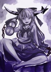 Rule 34 | 1girl, barefoot, bow, gourd, horn bow, horn ornament, horns, ibuki suika, long hair, low-tied long hair, monochrome, sketch, solo, touhou, unfinished, very long hair, yagami (mukage)
