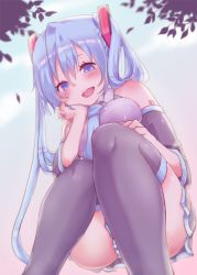 Rule 34 | 1girl, bare shoulders, black thighhighs, blue eyes, blue hair, blush, body writing, breasts, cloud, cloudy sky, collared shirt, detached sleeves, from below, green necktie, grey shirt, hair between eyes, hair ornament, hand on own cheek, hand on own face, hatsune miku, headphones, kusoyuridanchi, leaf, long hair, looking at viewer, medium breasts, necktie, outdoors, panties, pantyshot, pleated skirt, round teeth, shirt, sitting, skirt, sky, sleeveless, sleeveless shirt, smile, solo, squatting, striped clothes, striped panties, teeth, thighhighs, tongue, twintails, underwear, very long hair, vocaloid, wing collar