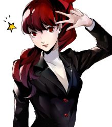 Rule 34 | 1girl, black jacket, buttons, commentary, english commentary, hair between eyes, hair ribbon, highres, jacket, lips, long hair, looking at viewer, parted lips, persona, persona 5, persona 5 the royal, pertex 777, pink lips, ponytail, red eyes, red hair, red ribbon, ribbon, school uniform, shirt, shuujin academy school uniform, simple background, solo, star (symbol), teeth, uniform, w, wavy hair, white background, white shirt, yoshizawa kasumi