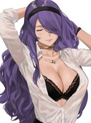 Rule 34 | 1girl, alternate costume, arms up, black bra, black hairband, blouse, blush, bra, breasts, camilla (fire emblem), cleavage, closed eyes, closed mouth, collar, contemporary, female focus, fire emblem, fire emblem fates, hair over one eye, hairband, highres, j@ck, jewelry, large breasts, long hair, long sleeves, necklace, nintendo, open clothes, open shirt, pink lips, purple hair, shirt, simple background, smile, solo, underwear, upper body, very long hair, white background, white shirt, wristband