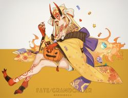 Rule 34 | 1girl, asuda, bare legs, bare shoulders, blonde hair, breasts, brown eyes, candy, candy cane, candy wrapper, character name, closed mouth, copyright name, cupcake, facial mark, fate/grand order, fate (series), floral print, food, food in mouth, forehead mark, grey background, hair ornament, halloween bucket, head tilt, heart, horns, ibaraki douji (fate), japanese clothes, kimono, lollipop, long hair, long sleeves, looking at viewer, medium breasts, mouth hold, off shoulder, oni, oni horns, orange background, print kimono, sharp teeth, short kimono, shoulder tattoo, sitting, smile, solo, star (symbol), swirl lollipop, tattoo, teeth, two-tone background, very long hair, wide sleeves, yellow kimono