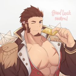 Rule 34 | 1boy, bara, blue eyes, brown hair, cross scar, epaulettes, facial hair, fate/grand order, fate (series), fringe trim, goatee, highres, jacket, large pectorals, long sideburns, long sleeves, male focus, mature male, muscular, muscular male, napoleon bonaparte (fate), one eye closed, open clothes, open jacket, opqrald, partially unbuttoned, pectoral cleavage, pectorals, scar, scar on chest, short hair, sideburns, smile, solo, summon ticket (fate), upper body
