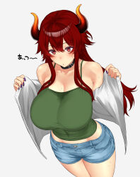 1girl absurdres alternate_costume blue_shorts breasts closed_mouth cropped_legs denim denim_shorts dola_(nijisanji) dragon_girl dragon_horns green_shirt hair_between_eyes highres horns karasu_(jjwh2832) large_breasts long_hair long_sleeves looking_at_viewer nijisanji red_eyes red_hair shirt shorts sidelocks simple_background solo standing sweat tank_top virtual_youtuber white_background white_shirt