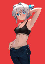 Rule 34 | 1girl, absurdres, aduo, arm up, armpits, black sports bra, blue eyes, blush, breasts, closed mouth, collarbone, cone hair bun, cowboy shot, denim, grey hair, hair bun, hair intakes, highres, jeans, looking at viewer, medium breasts, navel, open fly, open pants, original, pants, red background, short hair, simple background, sports bra, stomach, toned
