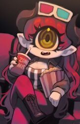 Rule 34 | 1girl, 3d glasses, black jacket, black nails, boots, breasts, chair, commentary, crossed legs, cup, cyclops, demon girl, demon horns, disposable cup, fangs, green eyes, highres, horns, jacket, long hair, medium breasts, movie theater, one-eyed, open mouth, original, pale skin, red hair, shirt, sitting, smile, solo, striped clothes, striped shirt, very long hair, wavy hair, zombiemiso