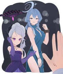 Rule 34 | 1other, 2girls, ako (blue archive), ako (dress) (blue archive), black horns, blue archive, blue dress, blue eyes, blue hair, blue halo, blush, breasts, clenched hand, clenched teeth, cuffs, dangle earrings, demon horns, dress, earrings, elbow gloves, gloves, glow (user hnpv7785), grey hair, hair between eyes, halo, handcuffs, highres, hina (blue archive), hina (dress) (blue archive), horns, jewelry, large breasts, long hair, multiple girls, multiple horns, necklace, official alternate costume, official alternate hairstyle, open mouth, pendant, purple dress, purple eyes, purple gloves, sleeveless, sleeveless dress, strapless, strapless dress, teeth