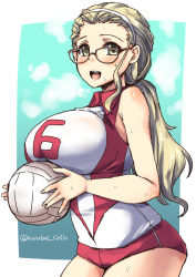 Rule 34 | 10s, 1girl, :d, ball, bare shoulders, bespectacled, blonde hair, blush, body blush, breast rest, breasts, buruma, carried breast rest, carrying, collared shirt, cowboy shot, forehead, girls und panzer, glasses, green background, green eyes, hair pulled back, hairband, heavy breathing, holding, holding ball, large breasts, long hair, looking at viewer, open mouth, playing sports, ponytail, sasaki akebi, shinshin, shirt, sleeveless, sleeveless shirt, smile, solo, sportswear, sweat, teeth, tight clothes, twitter username, uniform, volleyball, volleyball (object), volleyball uniform
