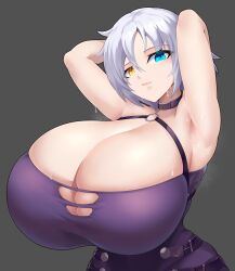 Rule 34 | 1girl, absurdres, aina winchester, armpits, arms up, blue eyes, blush, breasts, choker, cleavage, dress, heterochromia, highres, huge breasts, lips, looking at viewer, o-ring, pockyland, purple dress, shiny skin, short hair, simple background, skindentation, solo, standing, sweat, taimanin (series), taimanin asagi kessen arena, taimanin rpgx, tight clothes, upper body, white hair, yellow eyes