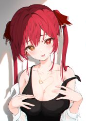 Rule 34 | 1girl, absurdres, bare shoulders, black tank top, blush, breasts, cleavage, collarbone, commentary request, fang, hair ribbon, hands on own chest, head tilt, heart, heart-shaped pupils, heart necklace, heterochromia, highres, hololive, houshou marine, jewelry, large breasts, long hair, looking at viewer, necklace, off shoulder, open mouth, red eyes, red hair, red ribbon, ribbon, shirt, skin fang, solo, strap slip, sweat, symbol-shaped pupils, tank top, totuoooo1015, twintails, upper body, virtual youtuber, white shirt, yellow eyes