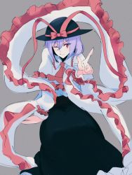 Rule 34 | 1girl, black hat, black skirt, bow, capelet, commentary request, frilled capelet, frilled shawl, frilled sleeves, frills, grey background, hat, hat bow, hat ribbon, highres, index finger raised, long skirt, long sleeves, nagae iku, one eye closed, purple hair, red eyes, ribbon, shawl, shirt, simple background, sitting, skirt, solo, tohoyuukarin, touhou, white shirt