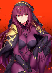 Rule 34 | 1girl, absurdres, armor, bodysuit, breasts, eyebrows, fate/grand order, fate (series), highres, large breasts, long hair, looking at viewer, makise minami, pauldrons, purple bodysuit, purple hair, red eyes, scathach (fate), shoulder armor, solo, veil