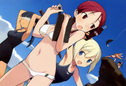 Rule 34 | 5girls, absurdres, animal ears, arm up, armpits, arms up, bikini, bikini shorts, black hair, blindfold, blonde hair, blue eyes, blue sky, breasts, charlotte e. yeager, cleavage, clipboard, coca-cola, day, erica hartmann, fang, fish, fishing rod, francesca lucchini, from below, front-tie bikini top, front-tie top, gluteal fold, hair between eyes, highres, minna-dietlinde wilcke, multiple girls, navel, one-piece swimsuit, outdoors, pen, ponytail, rabbit girl, red bikini, red eyes, sakamoto mio, scan, school swimsuit, shimada fumikane, short hair, shorts, sky, small breasts, strike witches, suikawari, sweatdrop, swimsuit, twintails, underboob, white bikini, world witches series