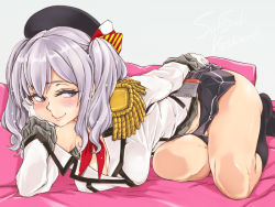 Rule 34 | 10s, ass, beret, black socks, blue eyes, breasts, buttons, cleavage, clothes lift, epaulettes, gloves, hat, head rest, jacket, kantai collection, kashima (kancolle), kerchief, kneehighs, large breasts, looking at viewer, lying, miniskirt, no bra, on side, ozawa reido, pleated skirt, sidelocks, silver hair, skirt, skirt lift, smile, socks, solo, tsurime, twintails, wavy hair