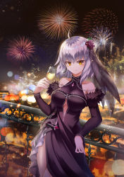 Rule 34 | 1girl, absurdres, against railing, ahoge, alcohol, bare shoulders, black dress, blurry, blurry background, blush, bokeh, breasts, chain, champagne, cityscape, cowboy shot, depth of field, detached sleeves, dress, earrings, fate/grand order, fate (series), fireworks, flower, fur trim, glass, hair flower, hair ornament, halter dress, halterneck, highres, holding, jeanne d&#039;arc (fate), jeanne d&#039;arc alter (avenger) (fate), jeanne d&#039;arc alter (fate), jewelry, leaning against railing, lens flare, light particles, looking at viewer, night, nokmal, railing, shiny skin, short hair, side slit, sidelocks, smile, solo, standing, thighs, veil, white hair, yellow eyes