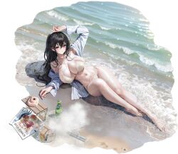 Rule 34 | 1girl, ahoge, arm up, azur lane, bare shoulders, barefoot, beach, bikini, black hair, blush, bottle, breasts, cellphone, cleavage, collarbone, feet, full body, hair between eyes, highres, huge breasts, iphone, legs, long hair, long sleeves, looking at viewer, lying, messy hair, navel, non-web source, ocean, off shoulder, official alternate costume, official art, on back, one side up, open clothes, open shirt, outdoors, phone, red eyes, sand, shirt, side-tie bikini bottom, sideboob, skindentation, smartphone, stomach, string bikini, surcouf (azur lane), surcouf (loisirs balneaires) (azur lane), swimsuit, taihou (azur lane), taihou (seaside daydreams) (azur lane), thigh strap, thighs, toes, tree, very long hair, water, wet, wet clothes, wet shirt, white bikini, white shirt, yunsang
