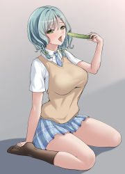 Rule 34 | 1girl, absurdres, aqua hair, arm at side, bang dream!, blue necktie, blue skirt, blush, bow, braid, breasts, brown socks, brown sweater vest, collared shirt, commentary request, cucumber, diagonal-striped clothes, diagonal-striped necktie, food, full body, gradient background, green eyes, grey background, hair between eyes, hair bow, hand up, haneoka school uniform, highres, hikawa hina, holding, holding food, kneehighs, korean commentary, large breasts, looking at viewer, medium hair, miniskirt, mixed-language commentary, necktie, no shoes, open mouth, plaid, plaid skirt, pleated skirt, ptal, saliva, saliva trail, school uniform, sexually suggestive, shadow, shirt, side braids, sitting, skirt, socks, soles, solo, striped clothes, striped necktie, sweat, sweater vest, teeth, thighs, tongue, tongue out, twin braids, upper teeth only, wariza, white shirt, yellow bow