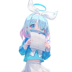 Rule 34 | 1girl, aqua hair, arona (blue archive), blue archive, blush, envelope, hair over one eye, halo, highres, holding, holding envelope, long sleeves, looking at viewer, moco (moco 28), multicolored hair, pink hair, pleated skirt, sailor collar, school uniform, serafuku, short hair, simple background, skirt, solo, white background, white sailor collar, white skirt