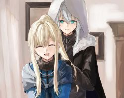 Rule 34 | 2girls, blonde hair, blush, closed eyes, closed mouth, commentary request, fate (series), fur trim, gray (fate), hair between eyes, highres, hood, hood up, iwano (iwanohiroko), long hair, long sleeves, lord el-melloi ii case files, multiple girls, open mouth, reines el-melloi archisorte, smile, upper body