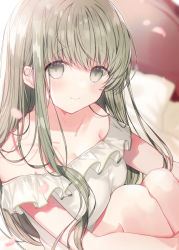 Rule 34 | 1girl, bare shoulders, blurry, blurry background, blush, breasts, cecilia (shiro seijo to kuro bokushi), cleavage, closed mouth, depth of field, dress, frilled dress, frills, green eyes, green hair, hugging own legs, indoors, kazutake hazano, knees up, long hair, medium breasts, off-shoulder dress, off shoulder, petals, pillow, shiro seijo to kuro bokushi, sitting, smile, solo, very long hair, white dress
