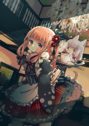 2girls :&lt; absurdres alternate_costume animal_ears apron black_gloves black_kimono blush carrying carrying_person chandelier closed_mouth commentary_request cup dutch_angle feet_out_of_frame gloves grey_hair highres holding holding_tray hot_drink indoors japanese_clothes kemonomimi_mode kimono kotonoha_akane kotonoha_aoi long_hair long_sleeves looking_at_viewer low-tied_sidelocks maid mini_person minigirl multiple_girls one_side_up oyasumi_makura photo_background pink_hair red_skirt size_difference skirt smile standing steam tail teacup tray voiceroid wa_maid waist_apron white_apron wide_sleeves