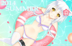 Rule 34 | 1girl, 2014, animal ears, blush, breasts, cat ears, flower, hair flower, hair ornament, highres, innertube, looking at viewer, lying, navel, on back, original, parted lips, short hair, small breasts, smile, solo, summer, swim ring, swimsuit, thighhighs, white hair, white thighhighs, yellow eyes