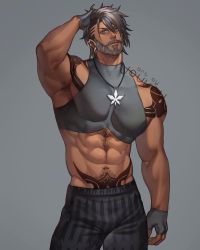 Rule 34 | 1boy, abs, arm tattoo, armpits, artist name, bara, beard, commission, dark skin, ear piercing, earrings, facial hair, gloves, highres, jewelry, jouvru, male focus, mouth piercing, muscular, muscular male, navel, navel hair, necklace, old, pants, pectoral cleavage, pectorals, phantasy star, phantasy star online 2, piercing, sports bra, tattoo, tired