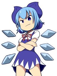 Rule 34 | 1girl, blue bow, blue dress, blue eyes, blue hair, bow, cirno, crossed arms, dengaku (dengakkus), detached wings, dress, female focus, hair bow, light blue hair, simple background, solo, touhou, uneven eyes, white background, wings