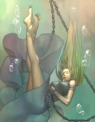 Rule 34 | 1girl, air bubble, bad id, bad pixiv id, barefoot, blonde hair, bubble, chain, chained, chain, dress, esukee, feet, long hair, original, solo, underwater