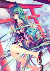 Rule 34 | 1girl, absurdres, animal ears, bare shoulders, colored eyelashes, feet, flower, fox ears, green hair, half updo, highres, holding, japanese clothes, kimono, long hair, looking at viewer, off shoulder, original, red eyes, reia, sandals, scan, snowflakes, solo, spider lily, torii, very long hair