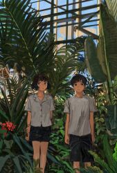 Rule 34 | 1boy, 1girl, :o, arms at sides, arms behind back, averting eyes, black eyes, black hair, black shorts, blue sky, brown eyes, buttons, closed mouth, collarbone, collared shirt, commentary request, conservatory, day, feet out of frame, fern, flower, highres, holding own arm, light blush, minahamu, open mouth, original, plant, plant request, red flower, shirt, short hair, short shorts, short sleeves, shorts, sideways glance, sky, standing, sunlight, t-shirt, white shirt