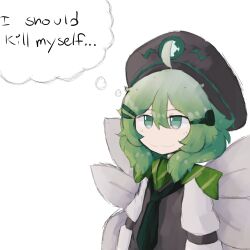 Rule 34 | 1girl, :3, absurdres, ahoge, beret, black hat, black necktie, chocomint (iesonatana), closed mouth, collared shirt, commentary, english commentary, english text, fairy, fairy wings, green eyes, green hair, hair between eyes, hat, highres, iesonatana, long sleeves, medium hair, necktie, original, shirt, simple background, smile, solo, thought bubble, upper body, white background, wings