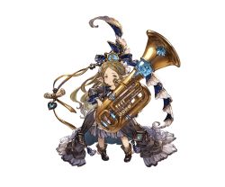 Rule 34 | 10s, 1girl, boots, brown eyes, brown hair, curly hair, full body, granblue fantasy, hair ornament, harvin, harvin, instrument, long hair, matching hair/eyes, minaba hideo, official art, open mouth, pointy ears, robertina (granblue fantasy), solo, transparent background, tuba