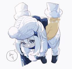Rule 34 | 1girl, absurdres, beanie, black gloves, commentary request, genshin impact, gloves, hat, highres, hizuki miya, lifting person, long hair, paimon (genshin impact), pout, purple eyes, simple background, snowball, solo, white background, white gloves, white hair, white hat, winter clothes