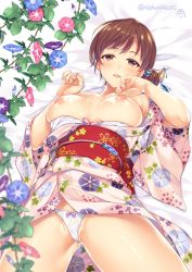 Rule 34 | 10s, 1girl, alpha (yukai na nakamatachi), bad id, bad twitter id, blurry, bra, bra pull, breasts, breasts apart, brown eyes, brown hair, clothes pull, commentary request, cowboy shot, depth of field, floral print, hair ornament, hairpin, highres, idolmaster, idolmaster cinderella girls, idolmaster cinderella girls starlight stage, japanese clothes, kimono, long hair, medium breasts, morning glory print, nipples, nitta minami, panties, solo, underwear