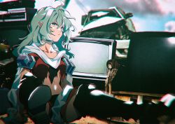 Rule 34 | 1girl, bad id, bad twitter id, black thighhighs, blue sky, boots, breasts, car, chromatic aberration, closed mouth, cloud, collarbone, crt, day, emerada (xenogears), green hair, hair between eyes, long hair, looking away, messy hair, motor vehicle, navel, outdoors, power lines, scarf, shiomi (lowrise), sitting, sky, small breasts, solo, television, thigh boots, thighhighs, torn clothes, underboob, white scarf, xenogears, yellow eyes