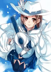 Rule 34 | 1girl, arm support, black thighhighs, blue skirt, brown eyes, brown hair, cape, from above, hat, holding, holding instrument, instrument, jianmo sl, kneeling, miniskirt, short hair, skirt, smile, solo, sun hat, sword art online, thighhighs, white cape, white hat, yuna (sao)