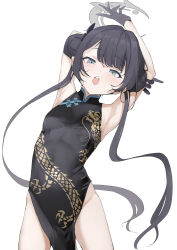 Rule 34 | 1girl, :o, armpits, arms up, bare shoulders, black dress, black gloves, black hair, blue archive, breasts, china dress, chinese clothes, cowboy shot, double bun, dragon print, dress, duplicate, floating hair, gloves, groin, hair bun, halo, highres, holding own arm, kisaki (blue archive), long hair, looking at viewer, mitsuru (pixiv 34028718), no panties, open mouth, pelvic curtain, pixel-perfect duplicate, sidelocks, simple background, sleeveless, sleeveless dress, small breasts, solo, stretching, teeth, thighs, twintails, upper teeth only, white background