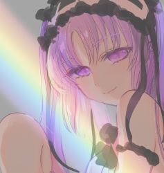 Rule 34 | 1girl, bare shoulders, black ribbon, close-up, commentary request, fate/hollow ataraxia, fate (series), galibo, hairband, lolita hairband, long hair, looking at viewer, purple eyes, purple hair, rainbow, ribbon, shadow, smile, solo, stheno (fate), twintails