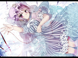 Rule 34 | 1girl, female focus, hat, letterboxed, long hair, lying, patchouli knowledge, purple eyes, purple hair, revision, solo, string, string of fate, sumisu (mondo), touhou, water