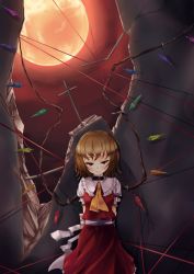 Rule 34 | 1girl, animal collar, arms behind back, blonde hair, bound, broken wall, collar, flandre scarlet, frilled skirt, frills, no headwear, skirt, string, string of fate, tied up (nonsexual), touhou, wings, yoi (tokoyoi)