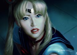 Rule 34 | 1girl, bishoujo senshi sailor moon, blonde hair, blue eyes, choker, circlet, clenched teeth, crescent, crescent earrings, derivative work, earrings, eyebrows hidden by hair, eyelashes, heart, heart choker, highres, jewelry, lips, meme, parted lips, photorealistic, portrait, realistic, red lips, sailor collar, sailor moon, sailor moon redraw challenge (meme), screenshot redraw, signature, solo, teeth, tiago datrinti, tsukino usagi, twintails, upper body