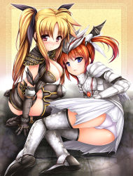 Rule 34 | 2girls, armor, ass, blonde hair, blush, boots, breasts, capcom, cleavage, cosplay, fatalis (armor), fate testarossa, helmet, highres, kneeling, large breasts, long hair, lying, lyrical nanoha, mahou shoujo lyrical nanoha, monster hunter (series), monster hunter frontier, multiple girls, noir (armor), orange hair, panties, smile, takamachi nanoha, thigh boots, thighhighs, twintails, underwear, uni8, white panties