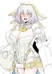 Rule 34 | 10s, ahoge, belt, breasts, chain, chain necklace, cosplay, d:, detached collar, detached sleeves, embarrassed, fate/apocrypha, fate/extra, fate/extra ccc, fate (series), garter straps, gloves, halcon, highres, holding hands, jeanne d&#039;arc (fate), jeanne d&#039;arc alter (avenger) (fate), jeanne d&#039;arc alter (fate), jewelry, large breasts, leotard, lock, necklace, nero claudius (bride) (fate), nero claudius (bride) (second ascension) (fate), nero claudius (fate), nero claudius (fate) (all), open mouth, padlock, padlocked collar, pov, pov hands, saber bride (cosplay), shiny skin, short hair, sweat, white background, white gloves, white hair, wide sleeves, yellow eyes, zipper pull tab